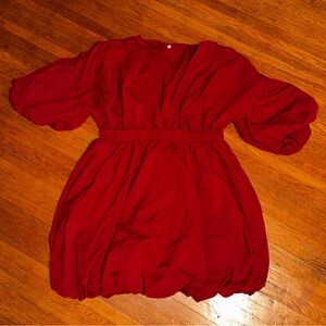 Short Red Dress with Plunge Neckline and Bubble Hemline